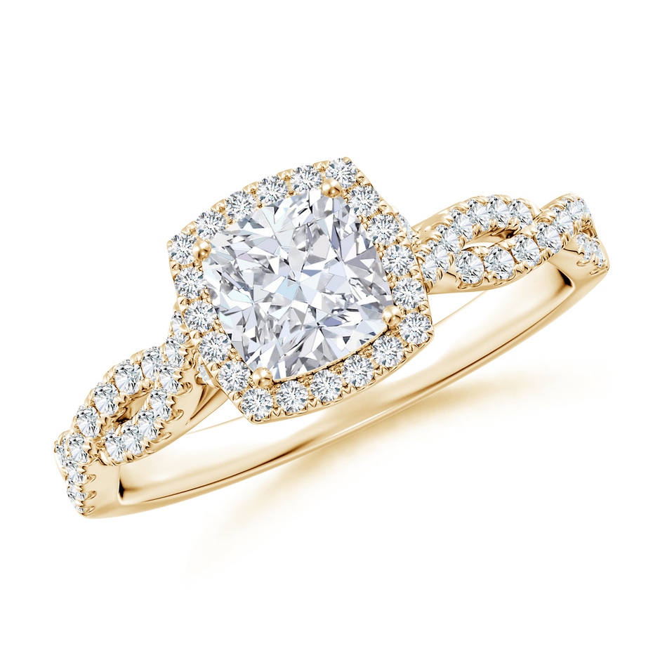 5.5mm FGVS Lab-Grown Cushion Diamond Halo Twisted Shank Engagement Ring in Yellow Gold 