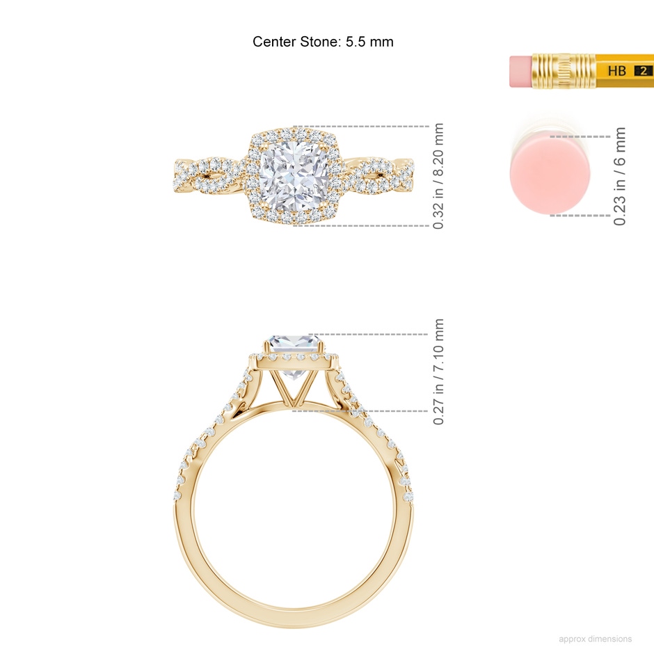 5.5mm FGVS Lab-Grown Cushion Diamond Halo Twisted Shank Engagement Ring in Yellow Gold ruler