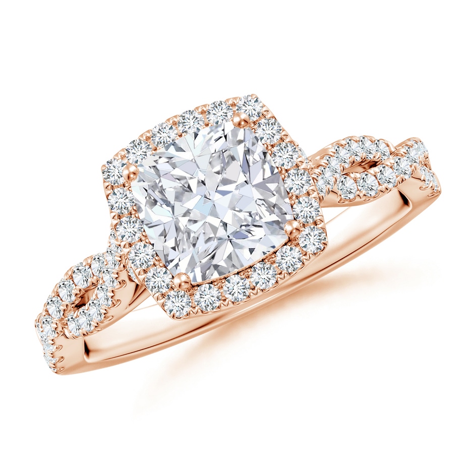 6.5mm FGVS Lab-Grown Cushion Diamond Halo Twisted Shank Engagement Ring in Rose Gold 