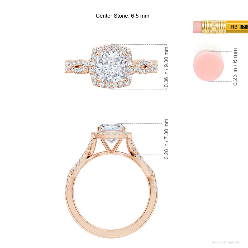 6.5mm FGVS Lab-Grown Cushion Diamond Halo Twisted Shank Engagement Ring in Rose Gold ruler
