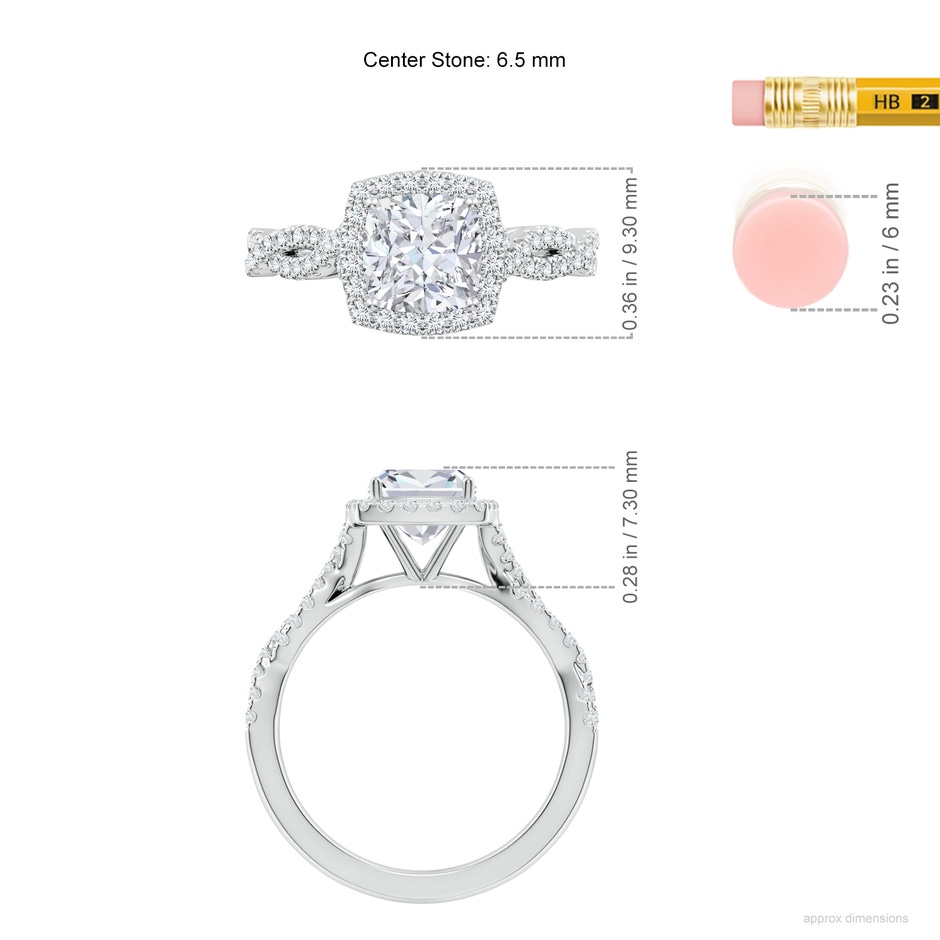 6.5mm FGVS Lab-Grown Cushion Diamond Halo Twisted Shank Engagement Ring in White Gold ruler