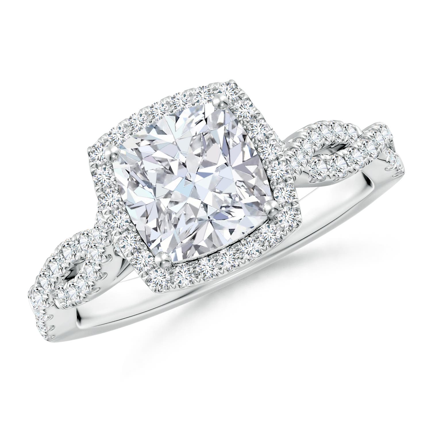 7mm FGVS Lab-Grown Cushion Diamond Halo Twisted Shank Engagement Ring in 18K White Gold
