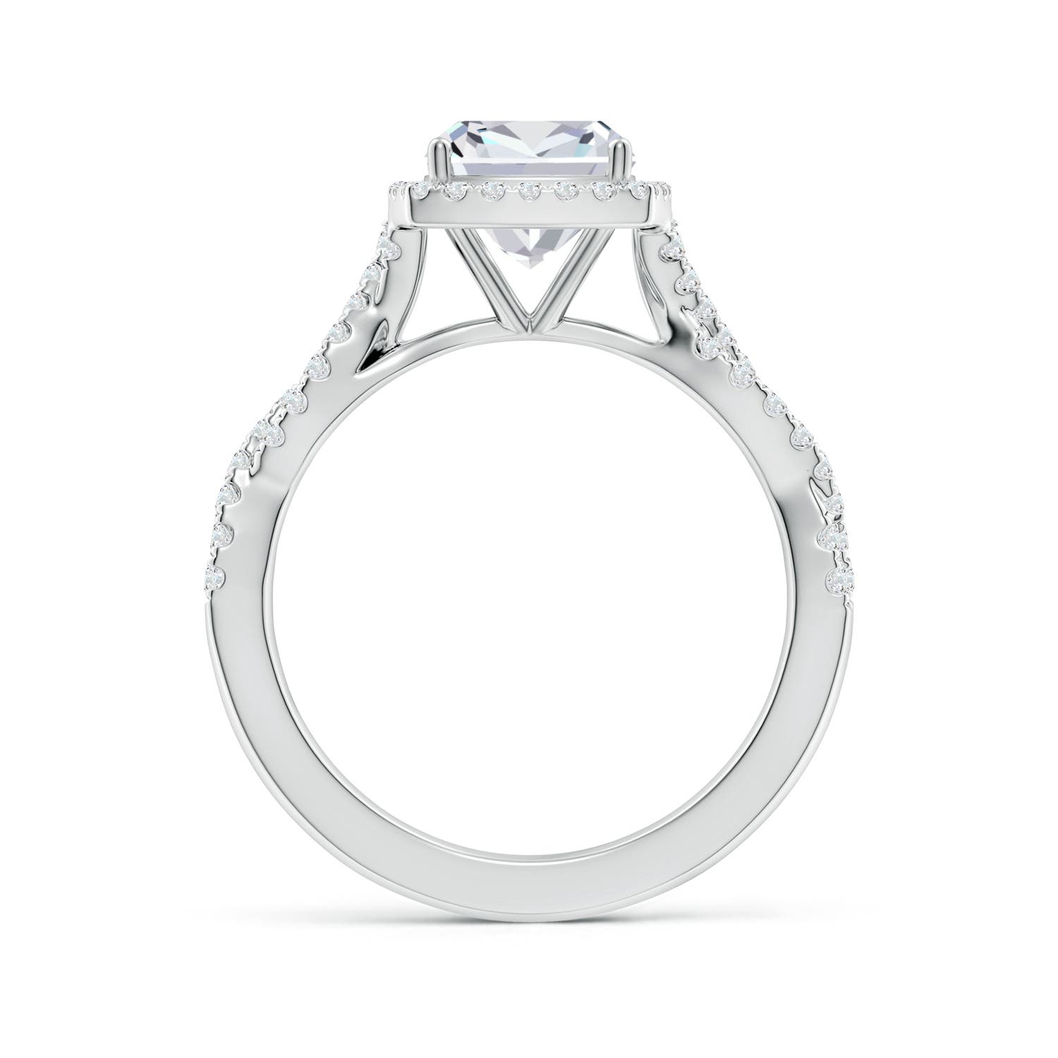 7mm FGVS Lab-Grown Cushion Diamond Halo Twisted Shank Engagement Ring in 18K White Gold