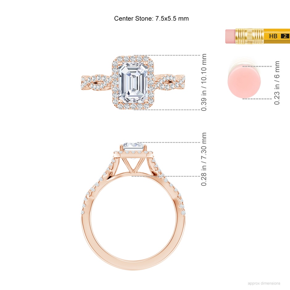 7.5x5.5mm FGVS Lab-Grown Emerald-Cut Diamond Halo Twisted Shank Engagement Ring in Rose Gold ruler