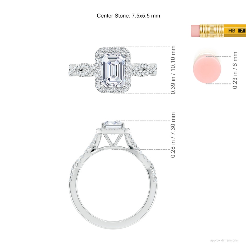 7.5x5.5mm FGVS Lab-Grown Emerald-Cut Diamond Halo Twisted Shank Engagement Ring in White Gold ruler