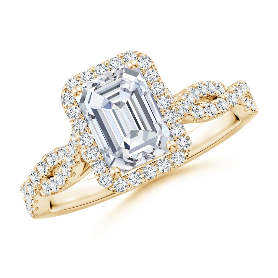 7.5x5.5mm FGVS Lab-Grown Emerald-Cut Diamond Halo Twisted Shank Engagement Ring in Yellow Gold 