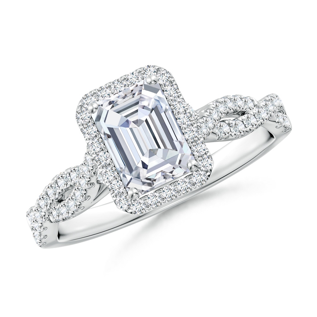7x5mm FGVS Lab-Grown Emerald-Cut Diamond Halo Twisted Shank Engagement Ring in White Gold