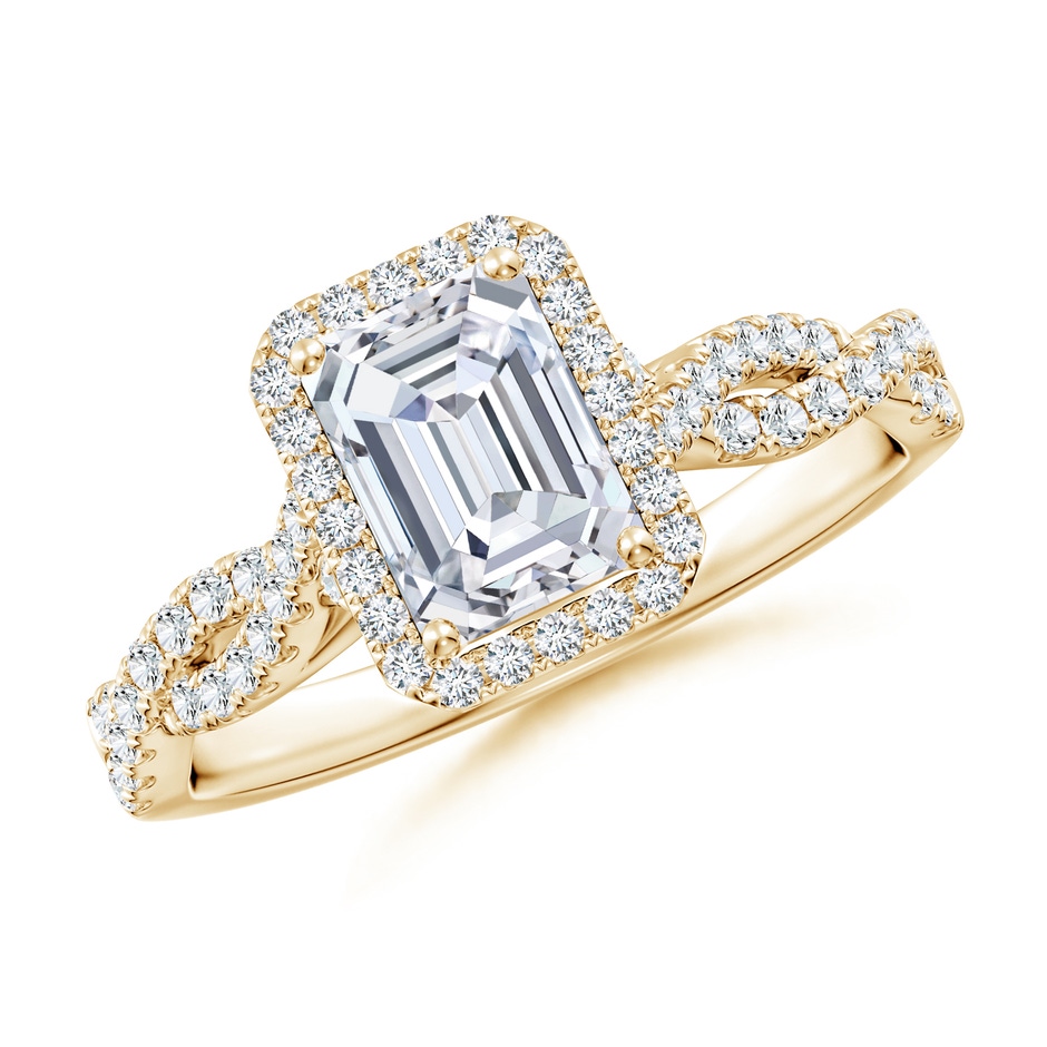7x5mm FGVS Lab-Grown Emerald-Cut Diamond Halo Twisted Shank Engagement Ring in Yellow Gold 