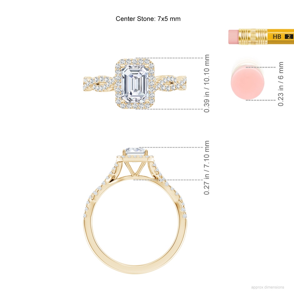 7x5mm FGVS Lab-Grown Emerald-Cut Diamond Halo Twisted Shank Engagement Ring in Yellow Gold ruler
