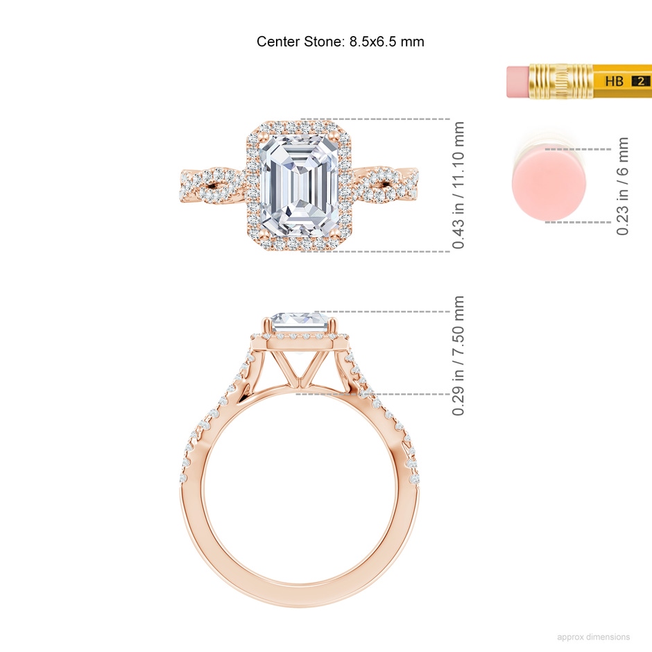 8.5x6.5mm FGVS Lab-Grown Emerald-Cut Diamond Halo Twisted Shank Engagement Ring in 18K Rose Gold ruler