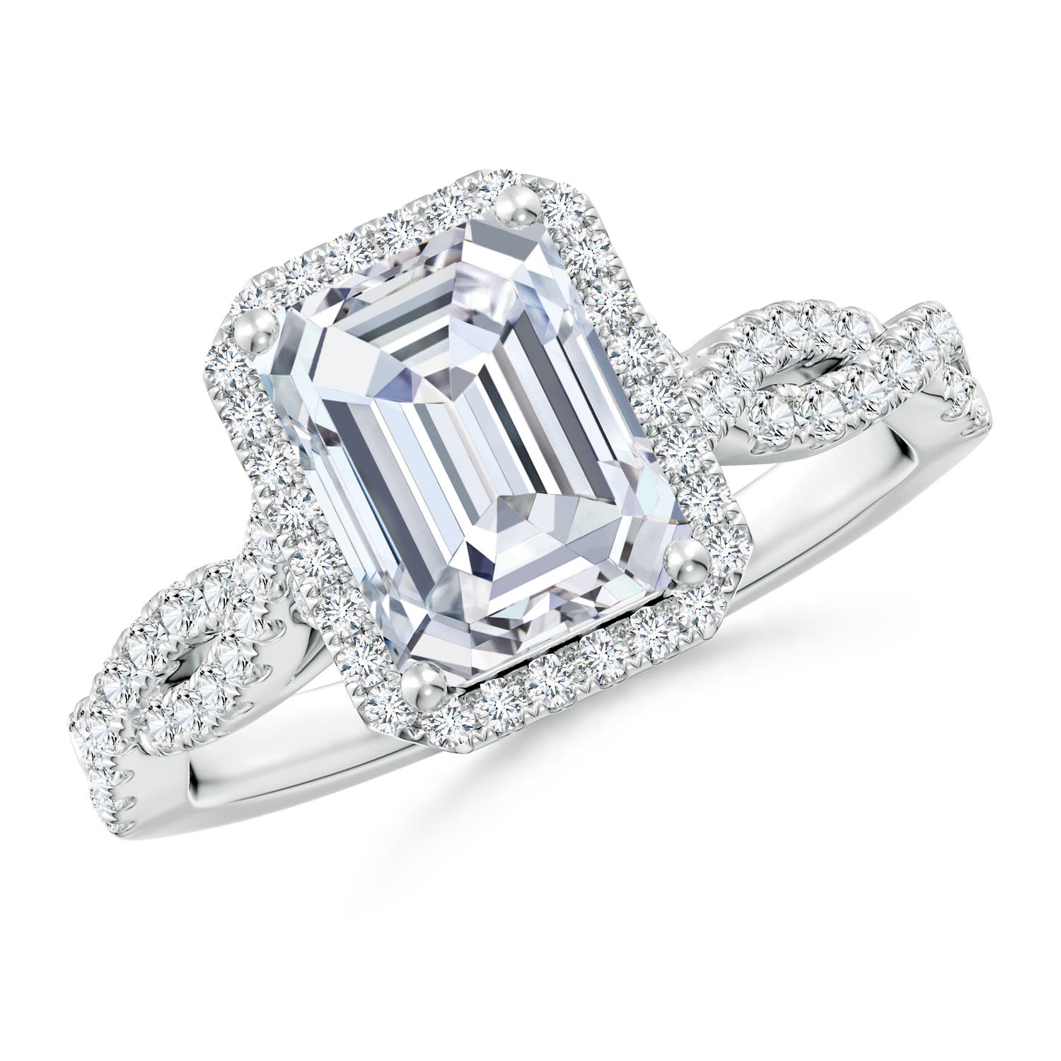 8.5x6.5mm FGVS Lab-Grown Emerald-Cut Diamond Halo Twisted Shank Engagement Ring in 18CT White Gold