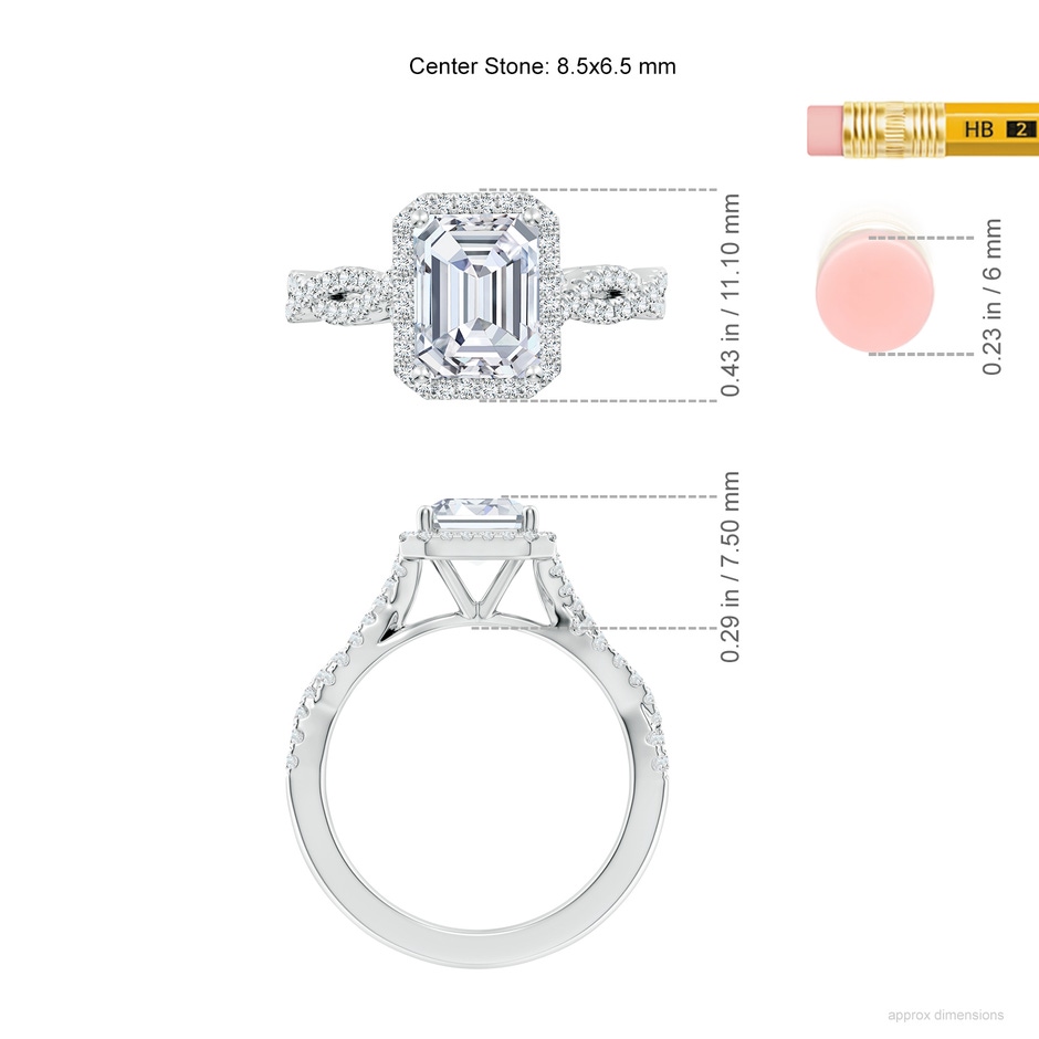 8.5x6.5mm FGVS Lab-Grown Emerald-Cut Diamond Halo Twisted Shank Engagement Ring in 18K White Gold ruler