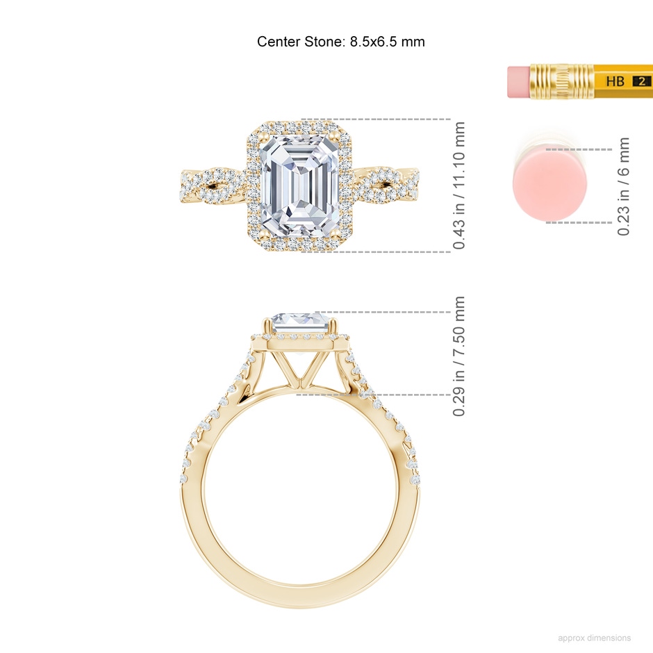 8.5x6.5mm FGVS Lab-Grown Emerald-Cut Diamond Halo Twisted Shank Engagement Ring in 18K Yellow Gold ruler