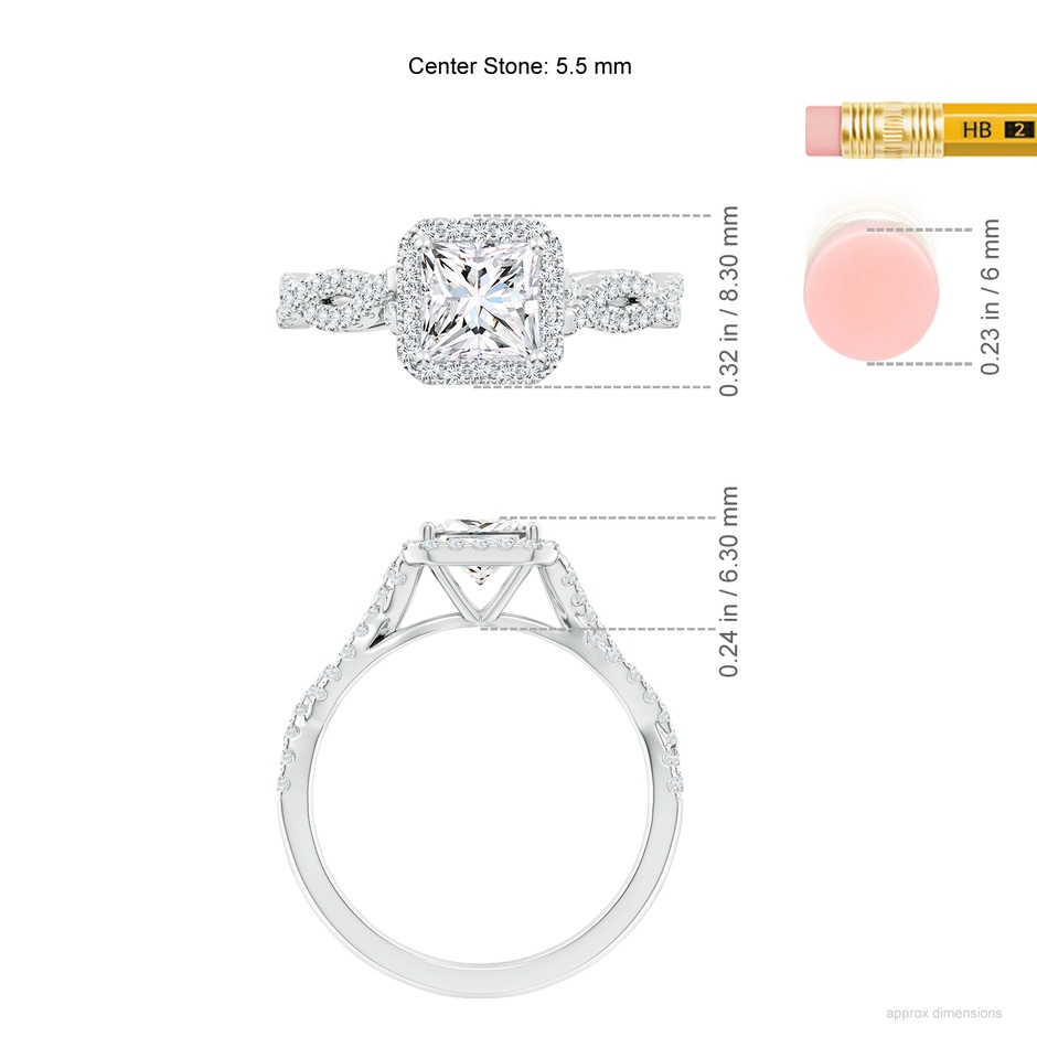 5.5mm FGVS Lab-Grown Princess-Cut Diamond Halo Twisted Shank Engagement Ring in White Gold ruler