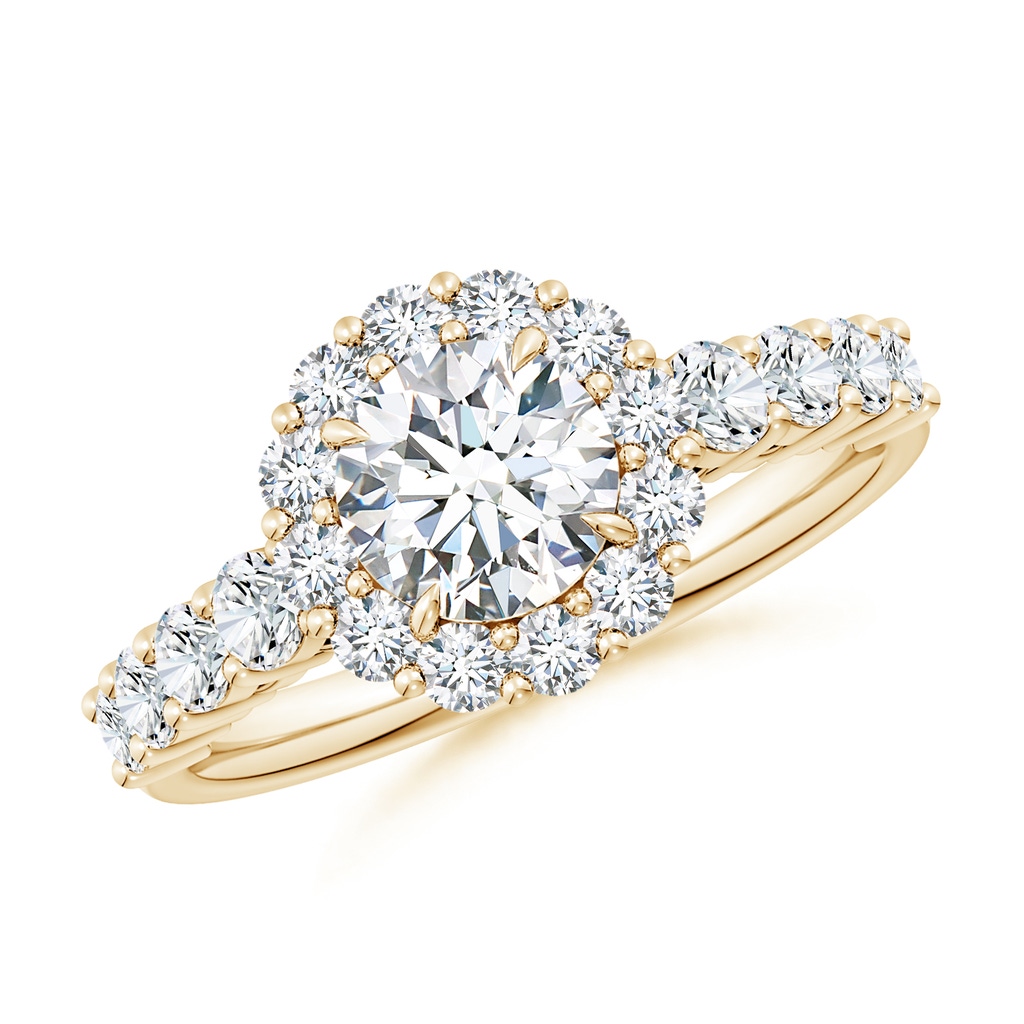 6.5mm FGVS Lab-Grown Round Diamond Floral Halo Engagement Ring in Yellow Gold
