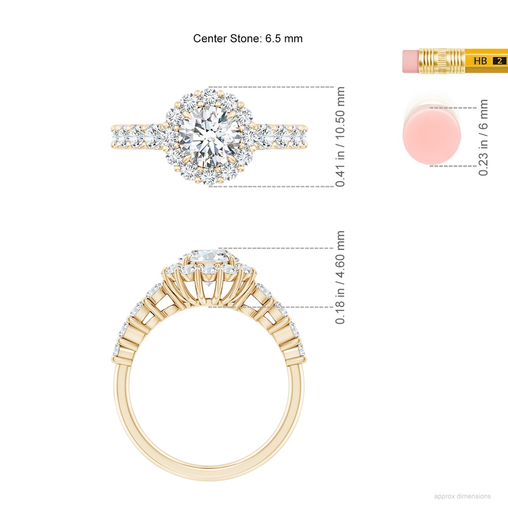 6.5mm FGVS Lab-Grown Round Diamond Floral Halo Engagement Ring in Yellow Gold ruler