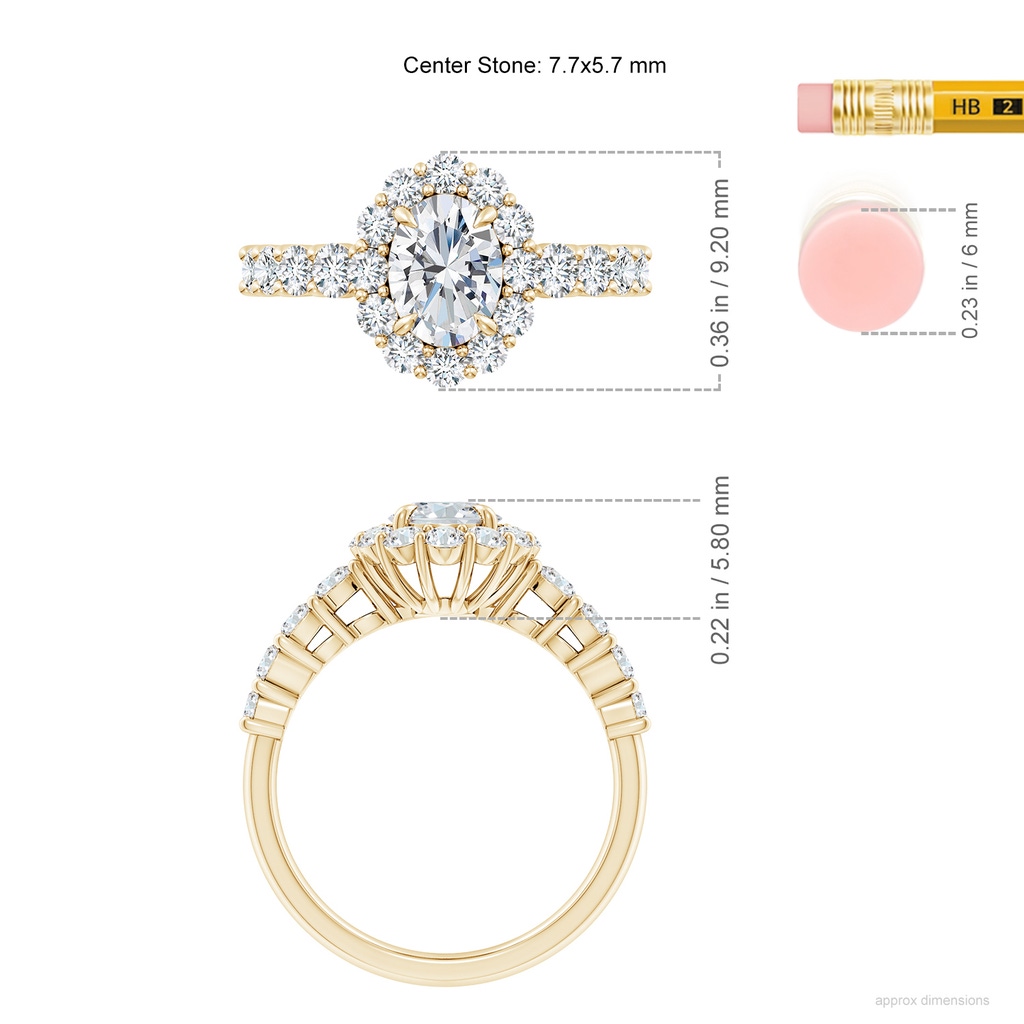7.7x5.7mm FGVS Lab-Grown Oval Diamond Floral Halo Engagement Ring in Yellow Gold ruler