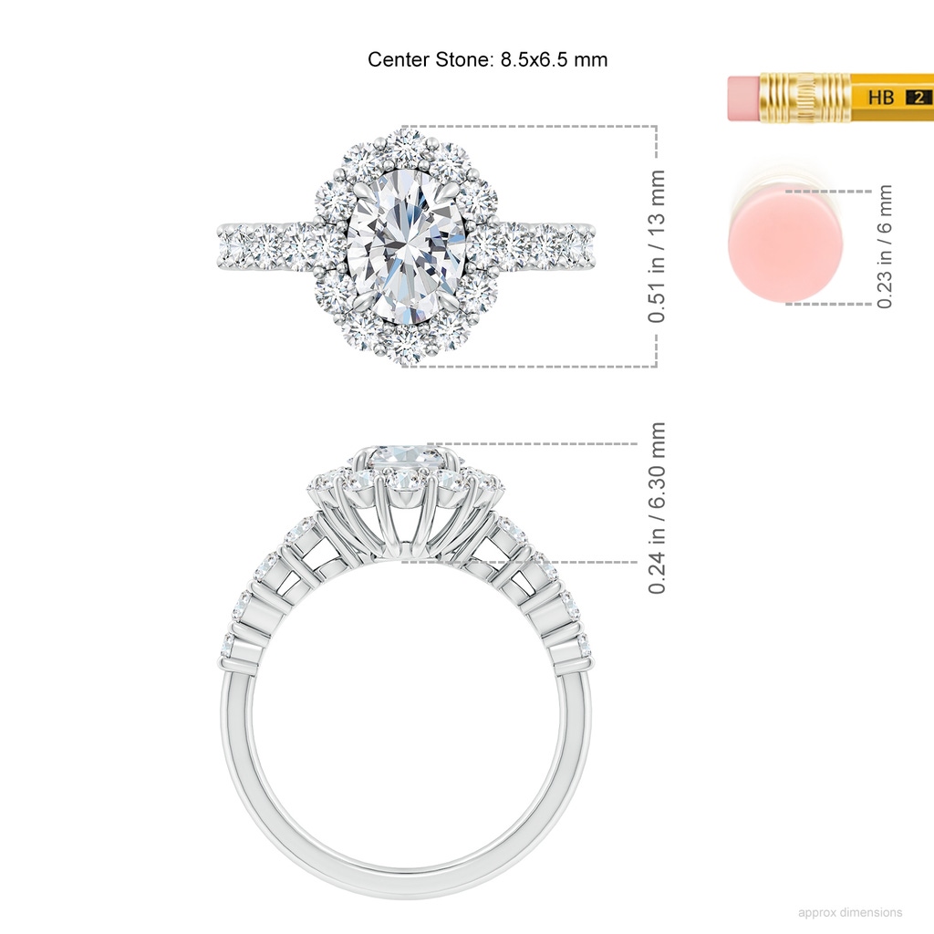 8.5x6.5mm FGVS Lab-Grown Oval Diamond Floral Halo Engagement Ring in P950 Platinum ruler