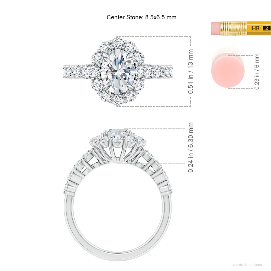 8.5x6.5mm FGVS Lab-Grown Oval Diamond Floral Halo Engagement Ring in White Gold ruler