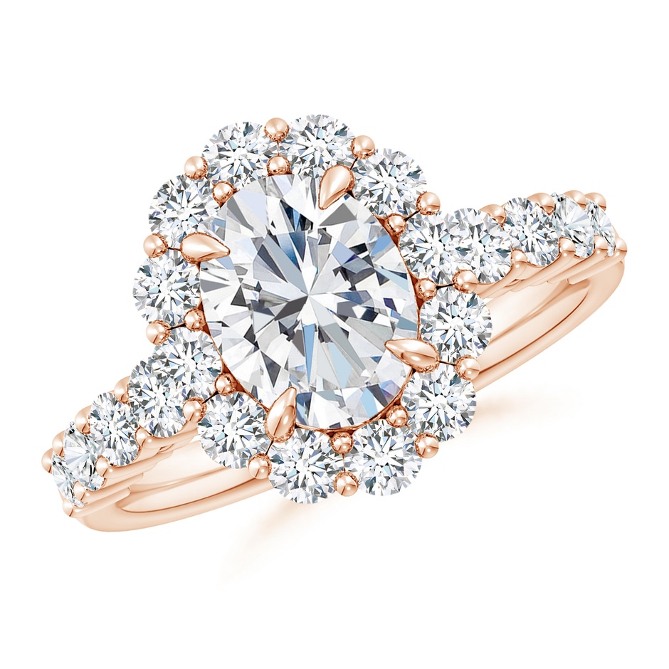 9x7mm FGVS Lab-Grown Oval Diamond Floral Halo Engagement Ring in 18K Rose Gold 