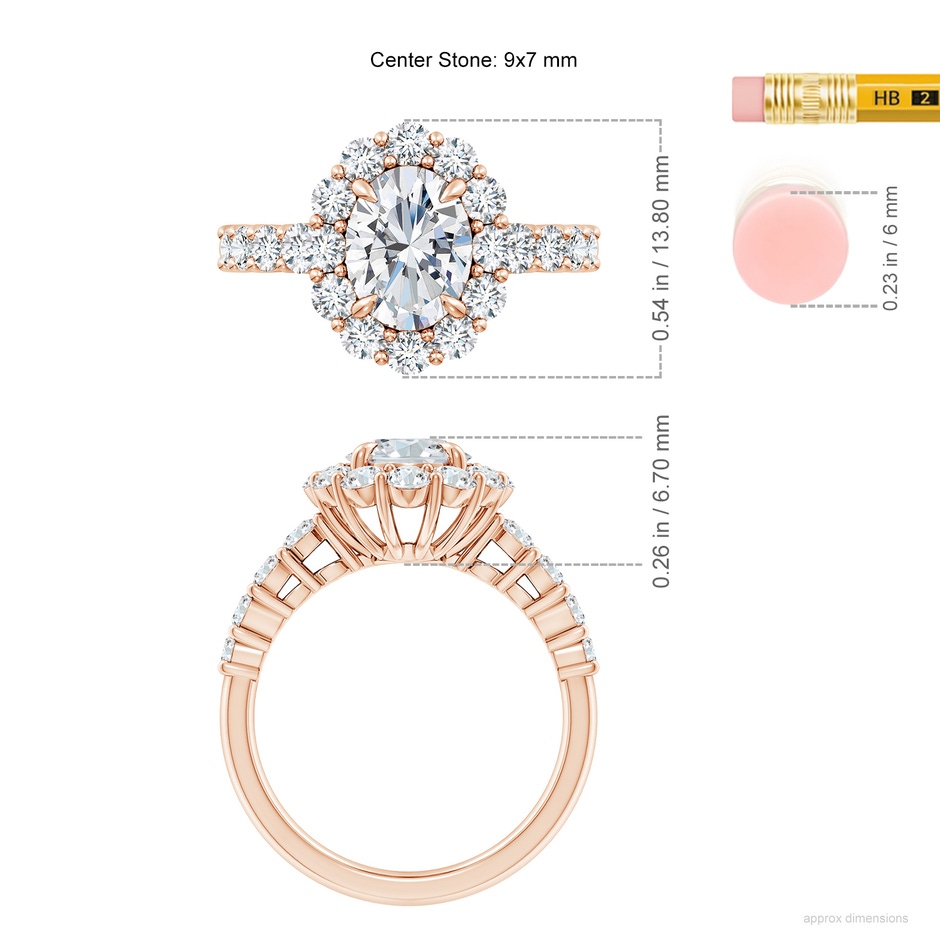 9x7mm FGVS Lab-Grown Oval Diamond Floral Halo Engagement Ring in 18K Rose Gold ruler