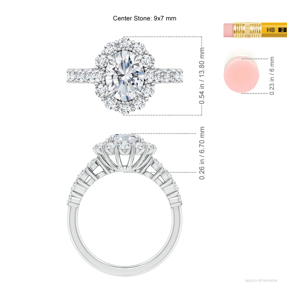 9x7mm FGVS Lab-Grown Oval Diamond Floral Halo Engagement Ring in 18K White Gold ruler