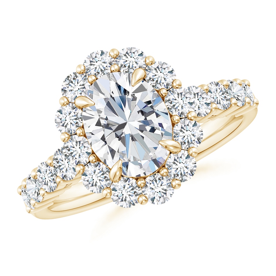 9x7mm FGVS Lab-Grown Oval Diamond Floral Halo Engagement Ring in Yellow Gold 