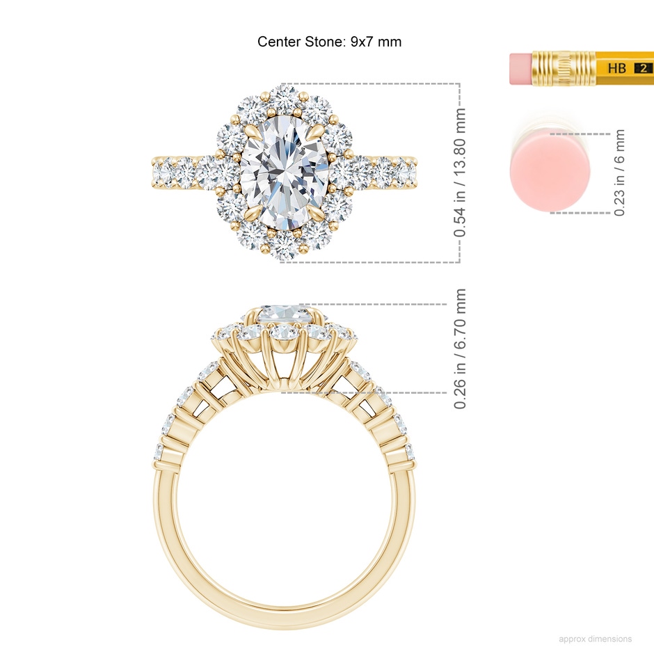 9x7mm FGVS Lab-Grown Oval Diamond Floral Halo Engagement Ring in Yellow Gold ruler