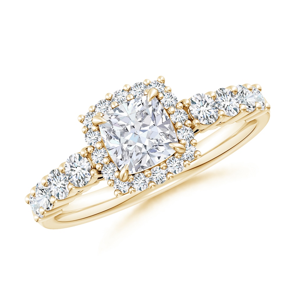 5.5mm FGVS Lab-Grown Cushion Diamond Floral Halo Engagement Ring in Yellow Gold