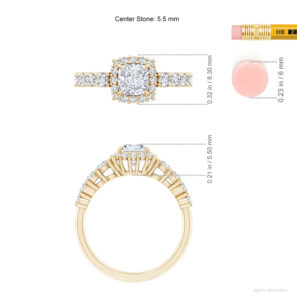 5.5mm FGVS Lab-Grown Cushion Diamond Floral Halo Engagement Ring in Yellow Gold ruler