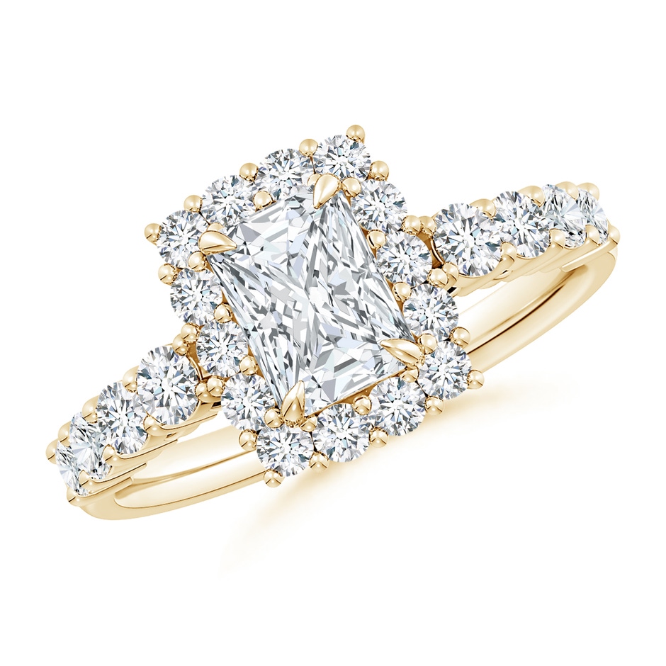 7x5mm FGVS Lab-Grown Radiant-Cut Diamond Floral Halo Engagement Ring in Yellow Gold 