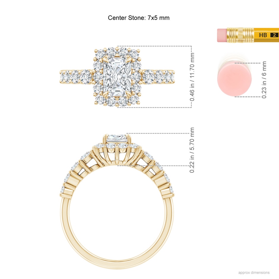 7x5mm FGVS Lab-Grown Radiant-Cut Diamond Floral Halo Engagement Ring in Yellow Gold ruler