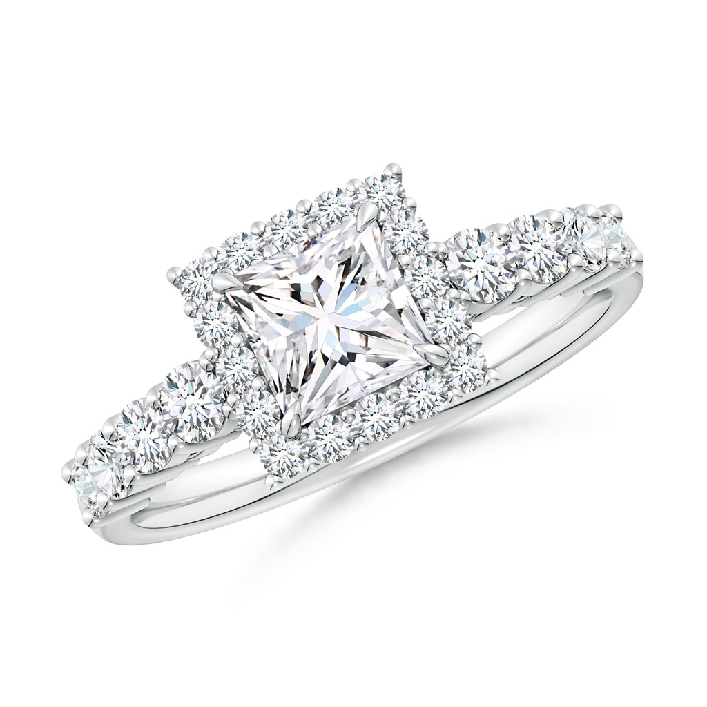 5.5mm FGVS Lab-Grown Princess-Cut Diamond Floral Halo Engagement Ring in 18K White Gold