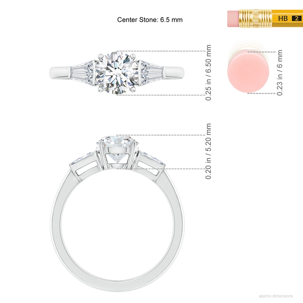 6.5mm FGVS Lab-Grown Round and Twin Tapered Baguette Diamond Side Stone Engagement Ring in White Gold ruler
