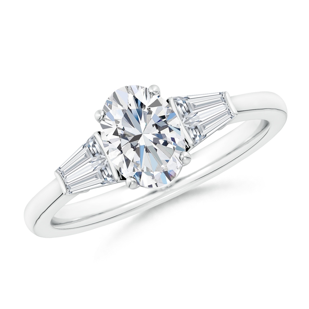 7.7x5.7mm FGVS Lab-Grown Oval and Twin Tapered Baguette Diamond Side Stone Engagement Ring in White Gold