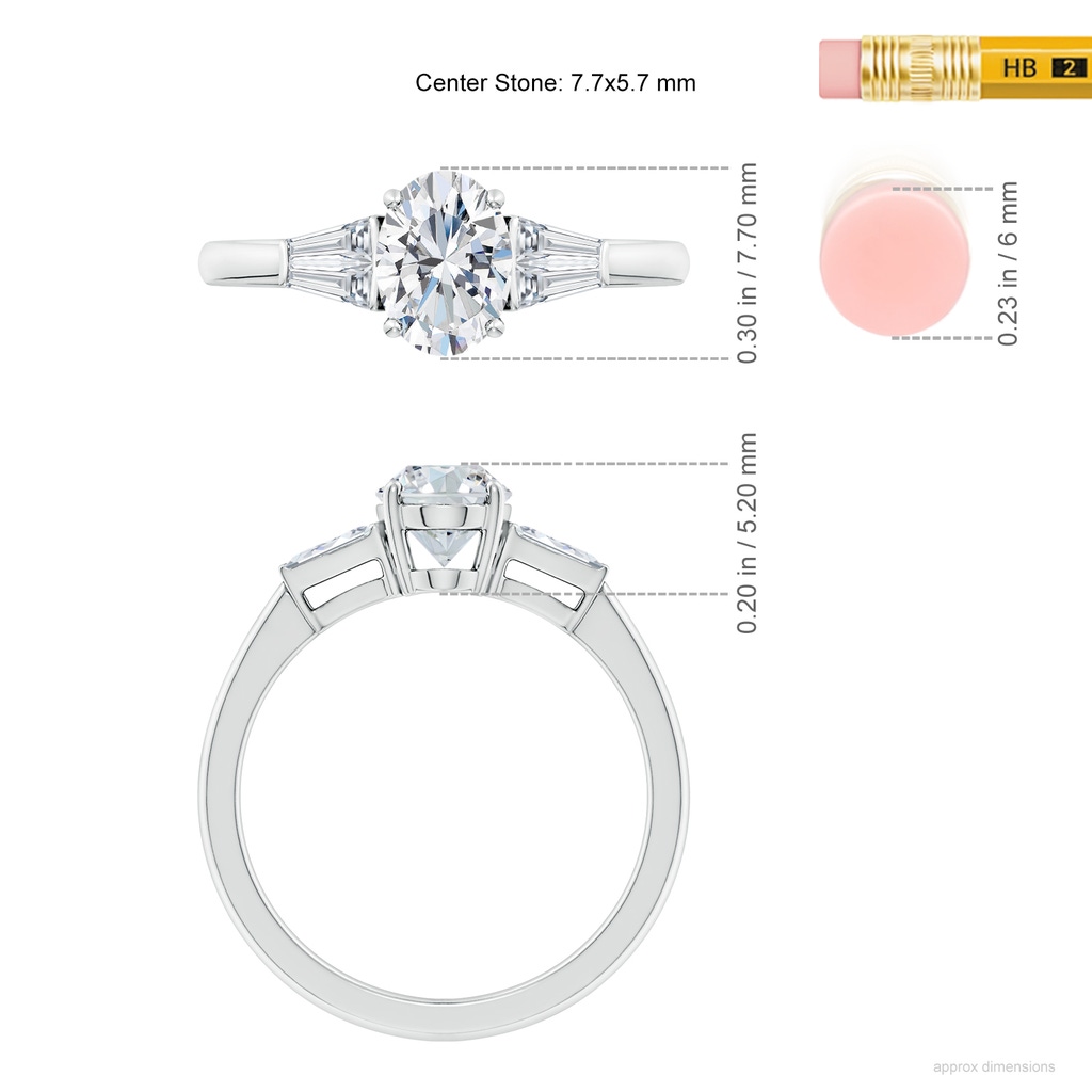 7.7x5.7mm FGVS Lab-Grown Oval and Twin Tapered Baguette Diamond Side Stone Engagement Ring in White Gold ruler