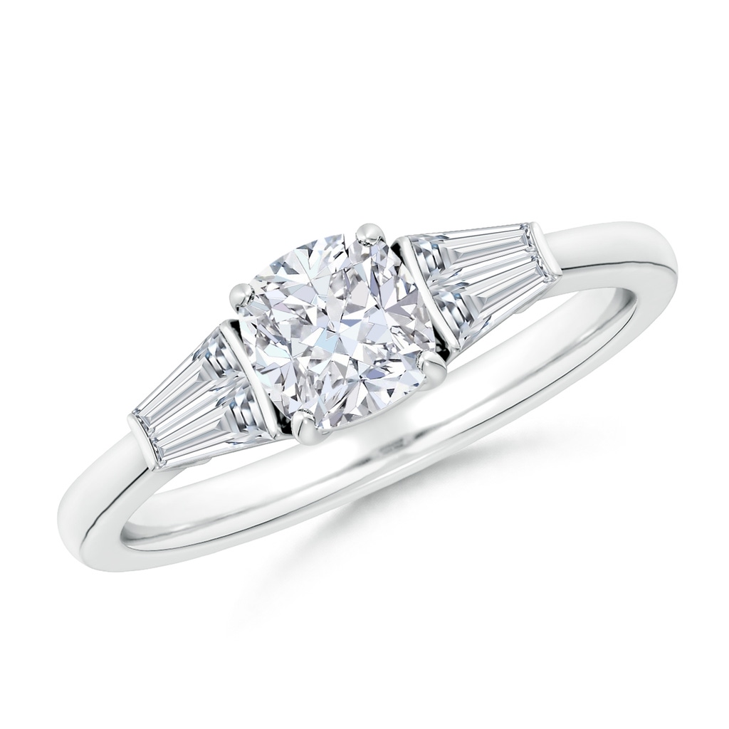 5.5mm FGVS Lab-Grown Cushion and Twin Tapered Baguette Diamond Side Stone Engagement Ring in White Gold