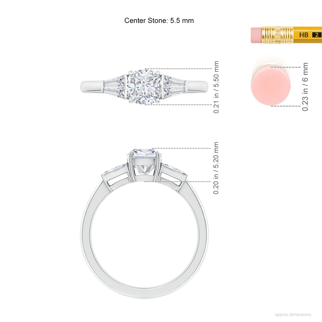 5.5mm FGVS Lab-Grown Cushion and Twin Tapered Baguette Diamond Side Stone Engagement Ring in White Gold ruler