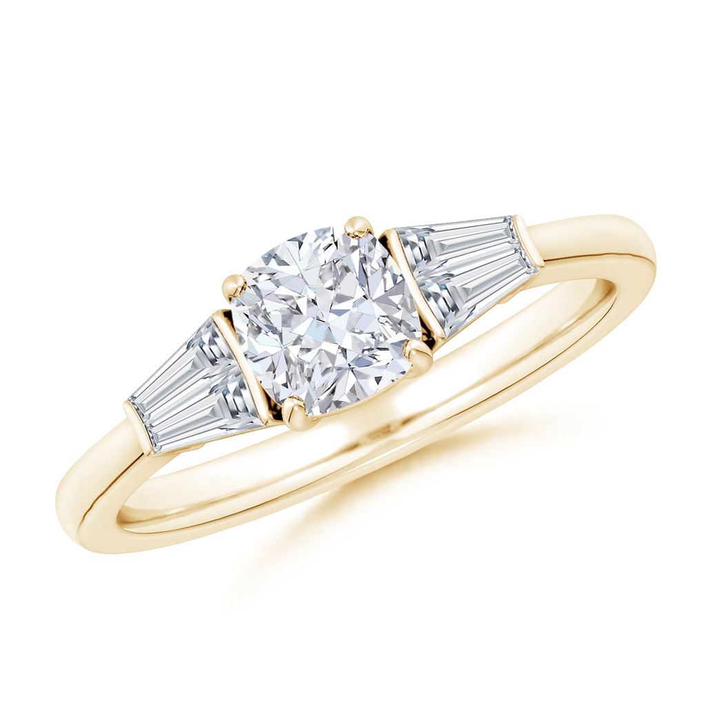 5.5mm FGVS Lab-Grown Cushion and Twin Tapered Baguette Diamond Side Stone Engagement Ring in Yellow Gold