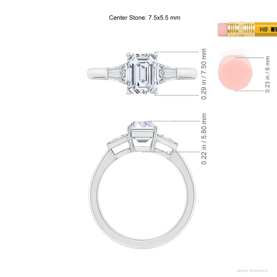 7.5x5.5mm FGVS Lab-Grown Emerald-Cut and Twin Tapered Baguette Diamond Side Stone Engagement Ring in White Gold ruler