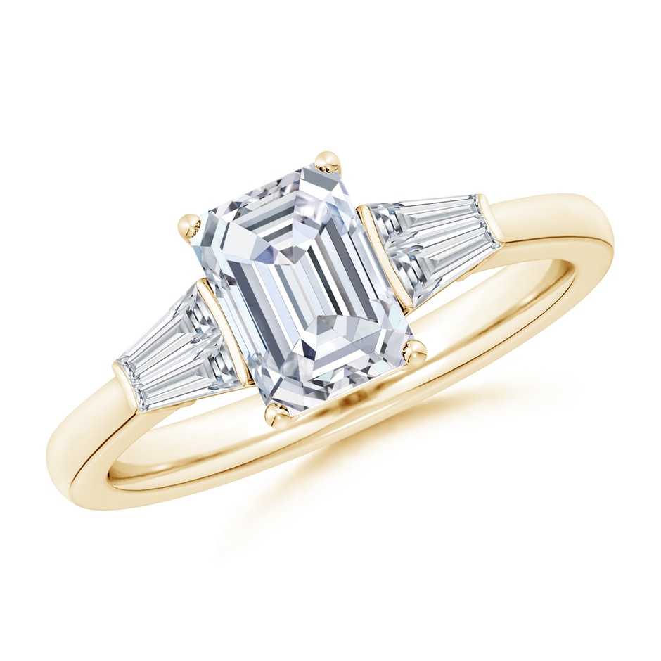 7.5x5.5mm FGVS Lab-Grown Emerald-Cut and Twin Tapered Baguette Diamond Side Stone Engagement Ring in Yellow Gold 
