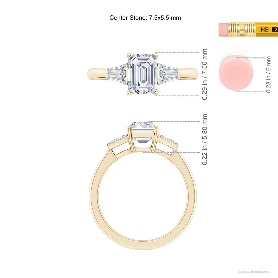 7.5x5.5mm FGVS Lab-Grown Emerald-Cut and Twin Tapered Baguette Diamond Side Stone Engagement Ring in Yellow Gold ruler