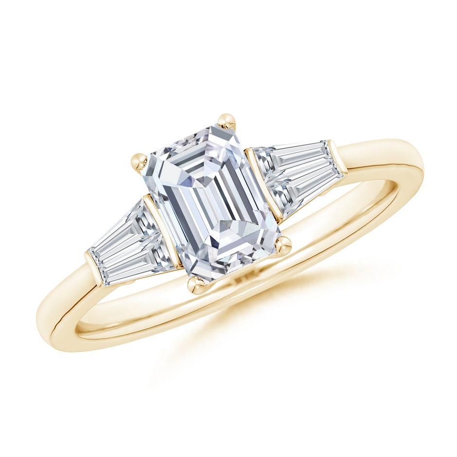7x5mm FGVS Lab-Grown Emerald-Cut and Twin Tapered Baguette Diamond Side Stone Engagement Ring in 10K Yellow Gold 