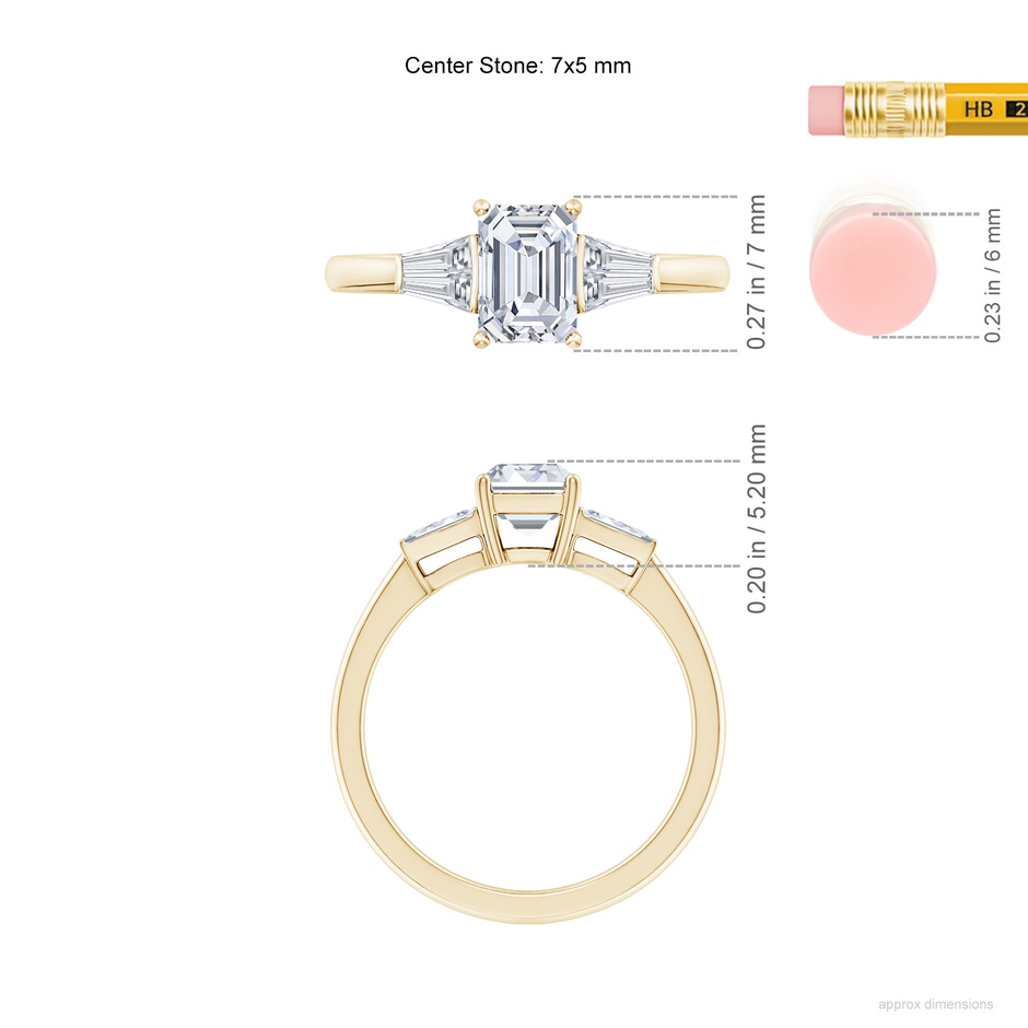 7x5mm FGVS Lab-Grown Emerald-Cut and Twin Tapered Baguette Diamond Side Stone Engagement Ring in 10K Yellow Gold ruler