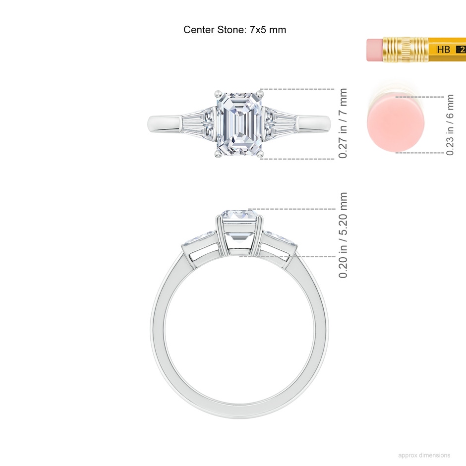 7x5mm FGVS Lab-Grown Emerald-Cut and Twin Tapered Baguette Diamond Side Stone Engagement Ring in 9K White Gold ruler