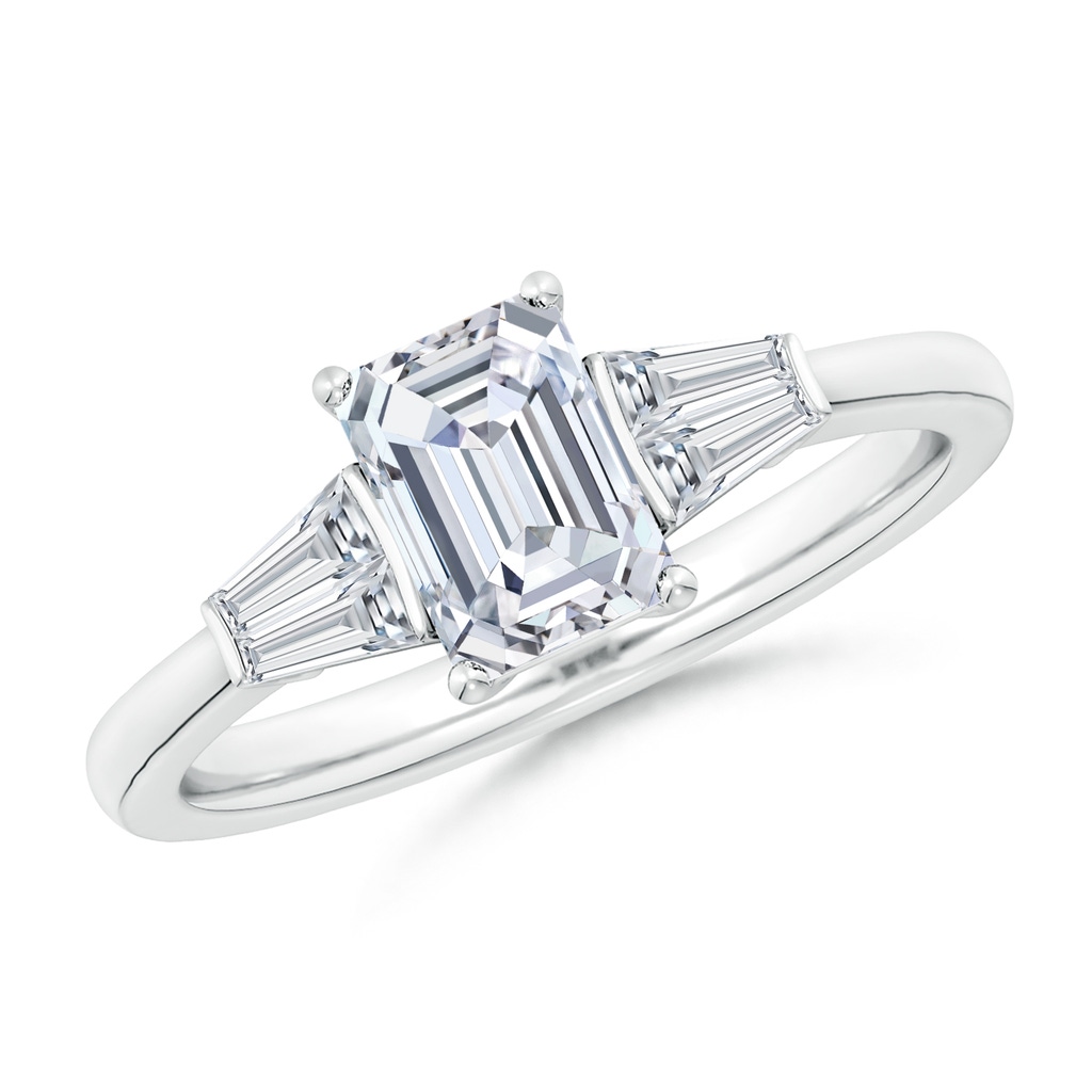 7x5mm FGVS Lab-Grown Emerald-Cut and Twin Tapered Baguette Diamond Side Stone Engagement Ring in White Gold
