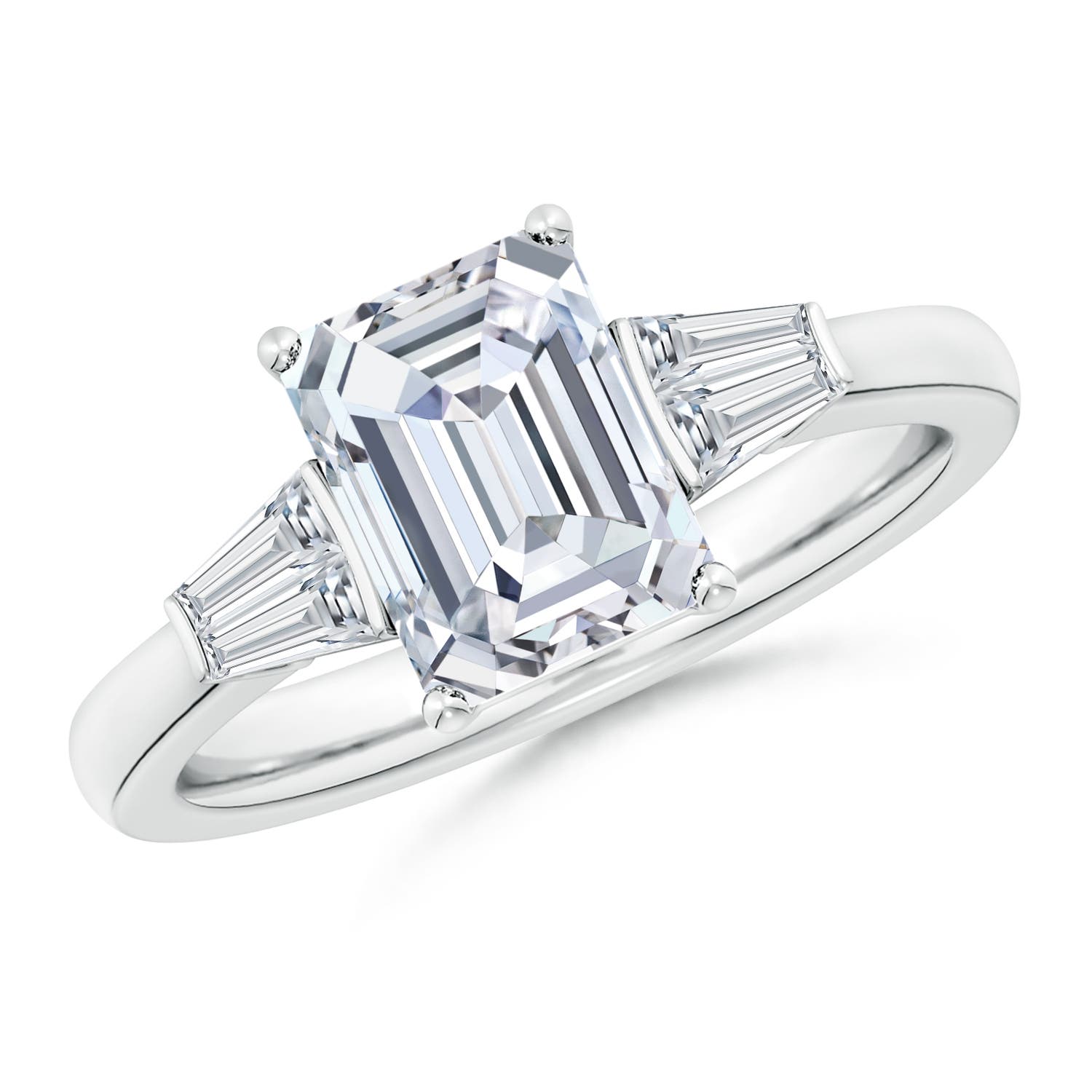 8.5x6.5mm FGVS Lab-Grown Emerald-Cut and Twin Tapered Baguette Diamond Side Stone Engagement Ring in White Gold