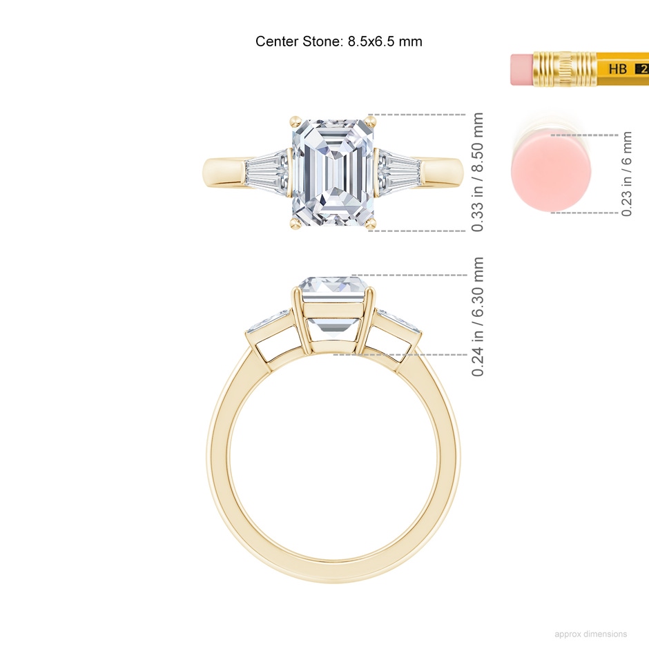 8.5x6.5mm FGVS Lab-Grown Emerald-Cut and Twin Tapered Baguette Diamond Side Stone Engagement Ring in Yellow Gold ruler