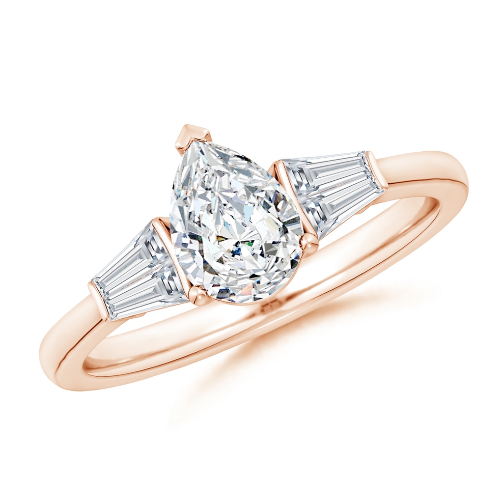 7.7x5.7mm FGVS Lab-Grown Pear and Twin Tapered Baguette Diamond Side Stone Engagement Ring in Rose Gold