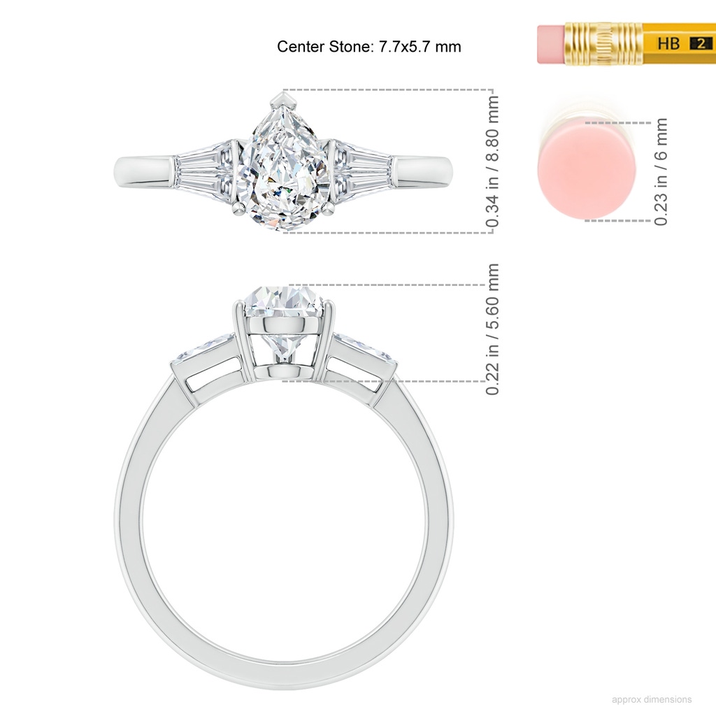 7.7x5.7mm FGVS Lab-Grown Pear and Twin Tapered Baguette Diamond Side Stone Engagement Ring in White Gold ruler